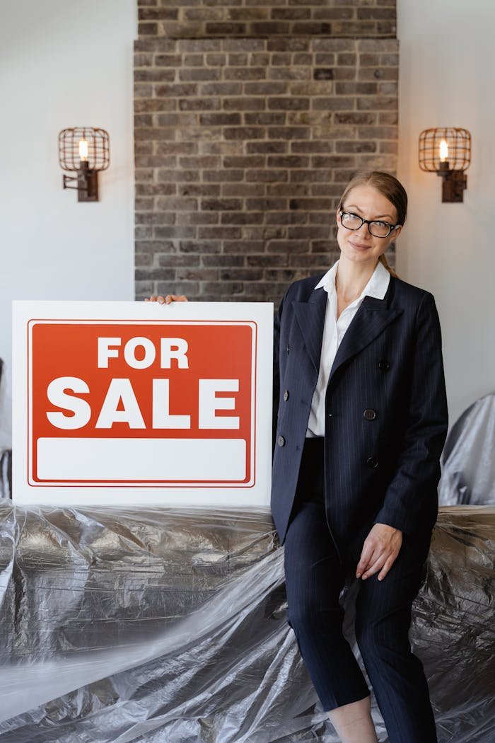 Businesswoman in suit with glasses holding a For Sale sign indoors against a brick wall.